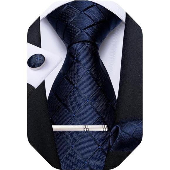 Plaid Ties for Men Silk Checkered Necktie & Pocket Square Cufflinks Tie Clip Set - Picture 1 of 7